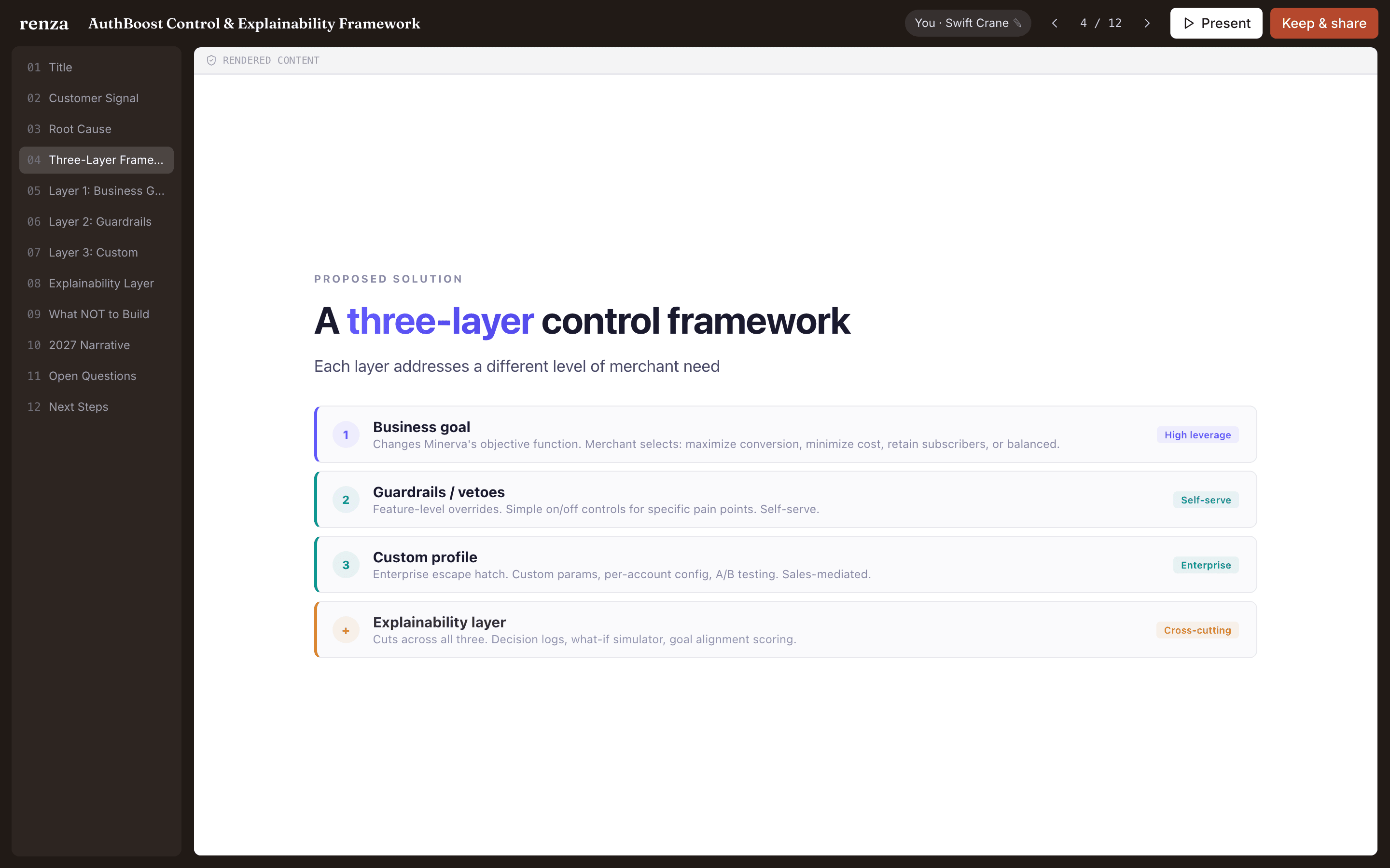 A published deck in the Renza viewer — thumbnail rail, presence, present mode